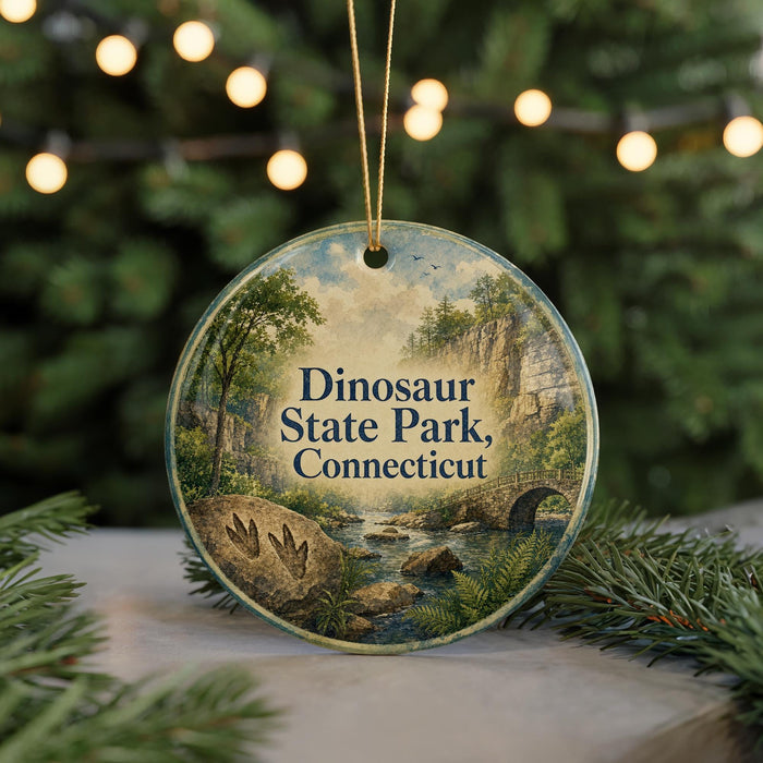 A round ornament with a scenic landscape of Dinosaur State Park in Connecticut, featuring a river, trees, and a bridge.
