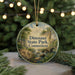 A round ornament with a scenic landscape of Dinosaur State Park in Connecticut, featuring a river, trees, and a bridge.