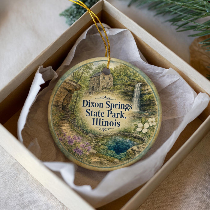 A decorative ornament in a box, featuring a scenic image of a waterfall and a house, with the text "Dixon Springs State Park, Illinois" printed on it.