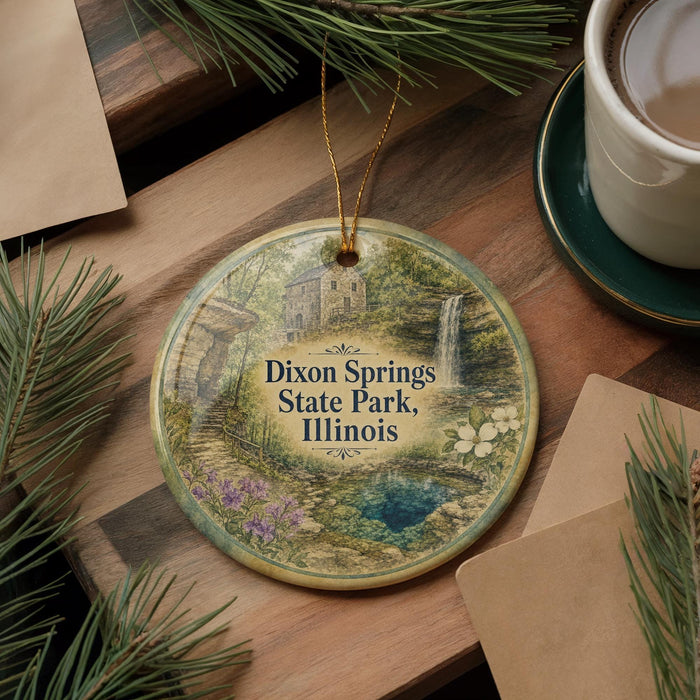 A decorative ornament featuring a scenic image of Dixon Springs State Park in Illinois, with a waterfall and a house in the background. The ornament is hanging on a wooden surface, surrounded by pine branches and a cup of coffee.