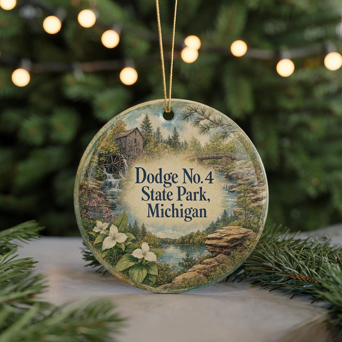 A round ornament with a scenic landscape of Dodge No. 4 State Park, Michigan, featuring a waterfall, pine trees, and a lake.