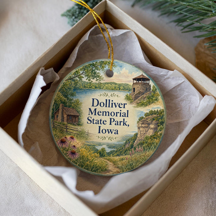 A round ornament with a scenic landscape of Dolliver Memorial State Park, Iowa, featuring a cabin, a bridge, and a river.