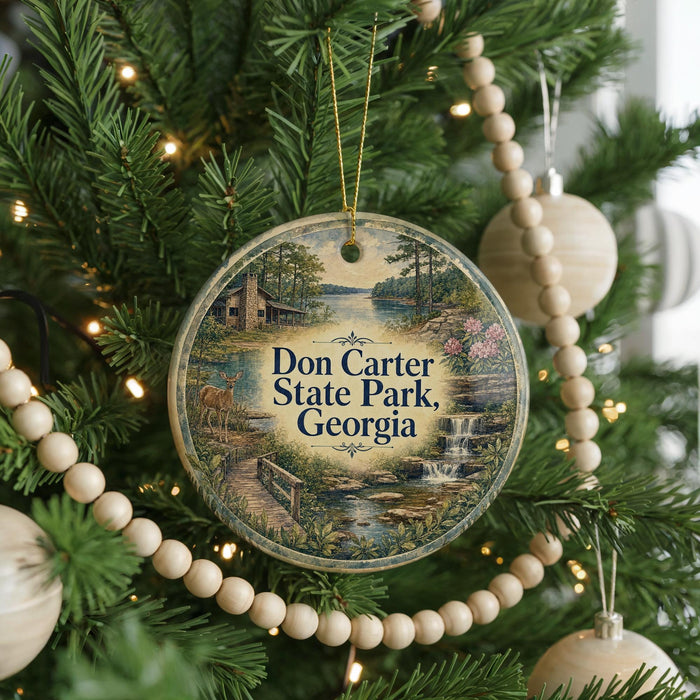 A round ornament hanging on a Christmas tree, featuring a scenic landscape with a house, trees, and a river.