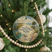 A round ornament hanging on a Christmas tree, featuring a beach scene with a bird, turtle, and palm tree.