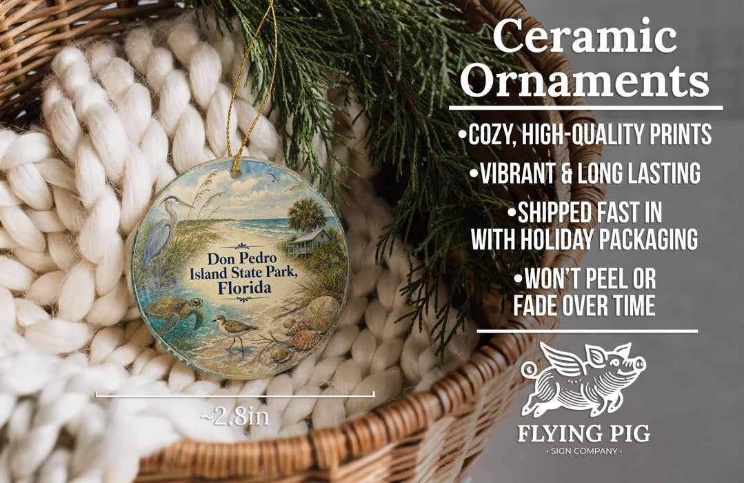 Ceramic ornaments, featuring a bird and palm tree design, are displayed in a wicker basket.