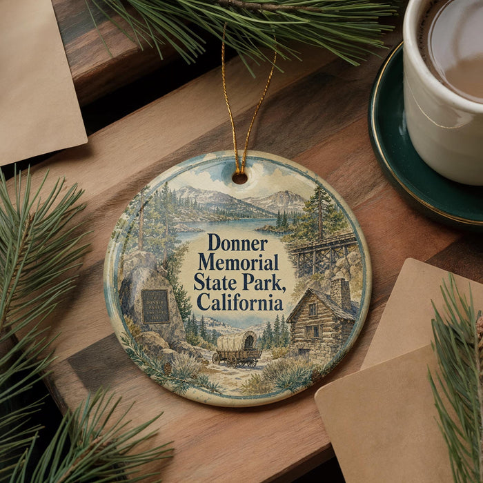 A decorative ornament featuring a scenic landscape with a cabin, trees, and mountains, hanging on a wooden surface.