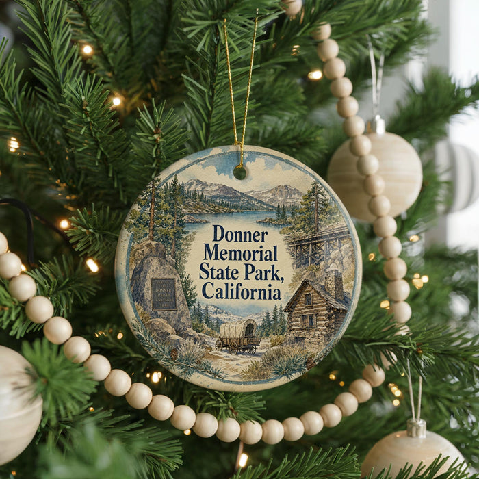 A round ornament hanging on a Christmas tree, featuring a scenic illustration of Donner Memorial State Park in California.