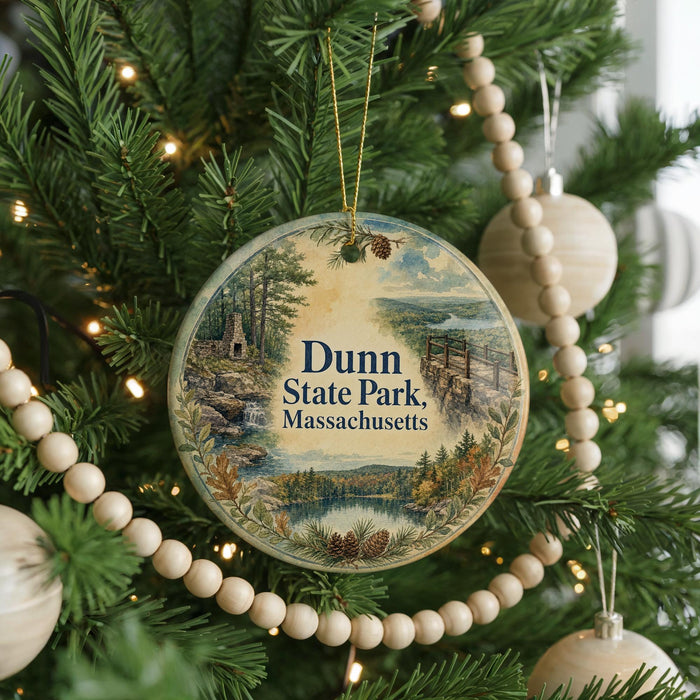 A round ornament hanging on a Christmas tree, featuring a scenic landscape with pine trees, a lake, and a bridge.