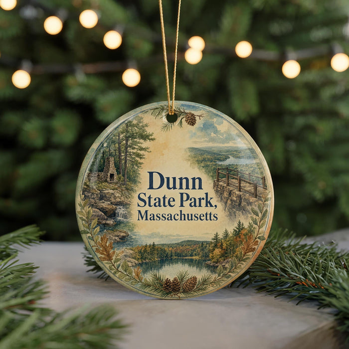 A circular ornament with a scenic landscape of a forest and a lake, featuring the text "Dunn State Park, Massachusetts" on it, is displayed in front of a blurred background with Christmas lights.