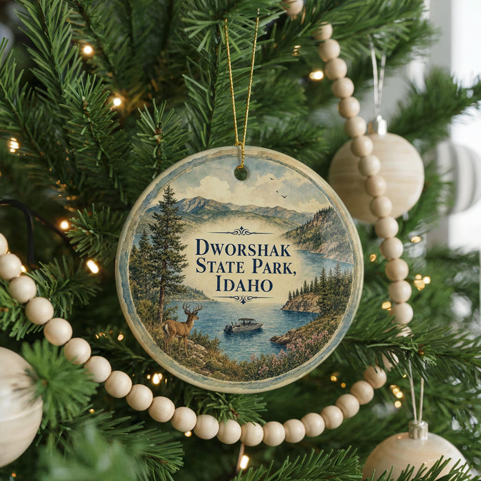 A round ornament hanging on a Christmas tree, featuring a scenic image of Dworshak State Park in Idaho.