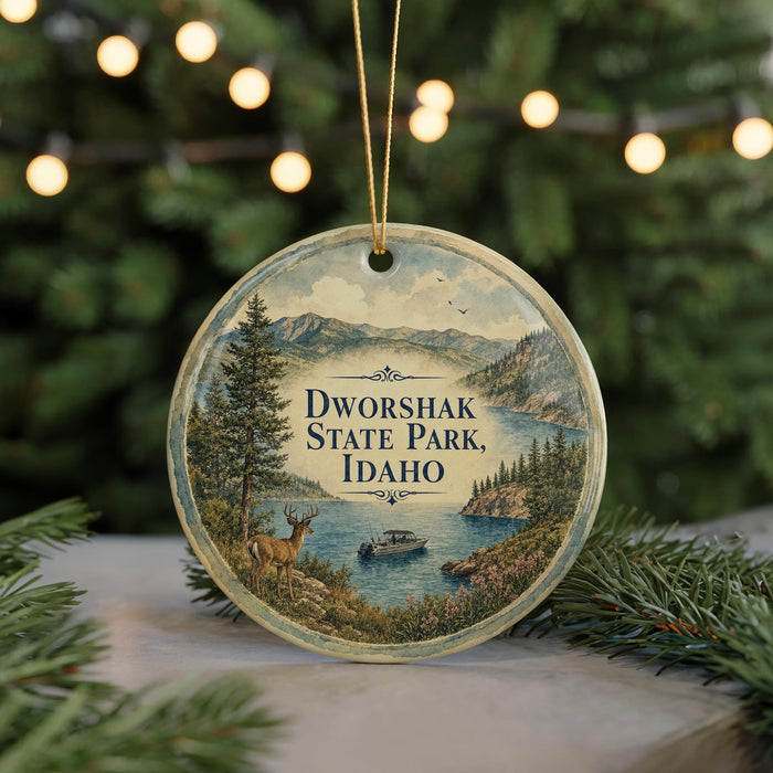 A round ornament with a scenic landscape featuring a lake, mountains, and a deer, hanging from a string.