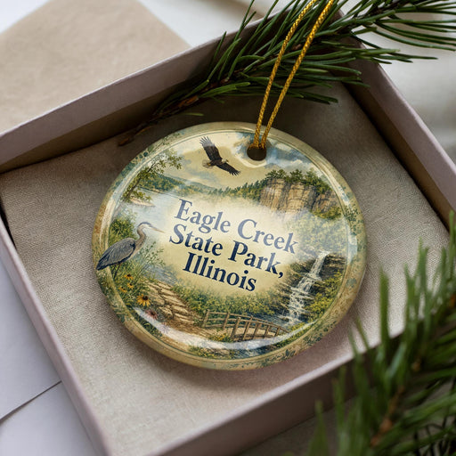 A decorative ornament in a box, featuring an illustration of a scenic landscape with a bird, trees, and a waterfall.