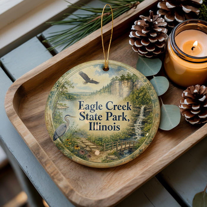 A wooden tray with a decorative ornament featuring a scenic landscape of Eagle Creek State Park, Illinois, and a bird in flight.