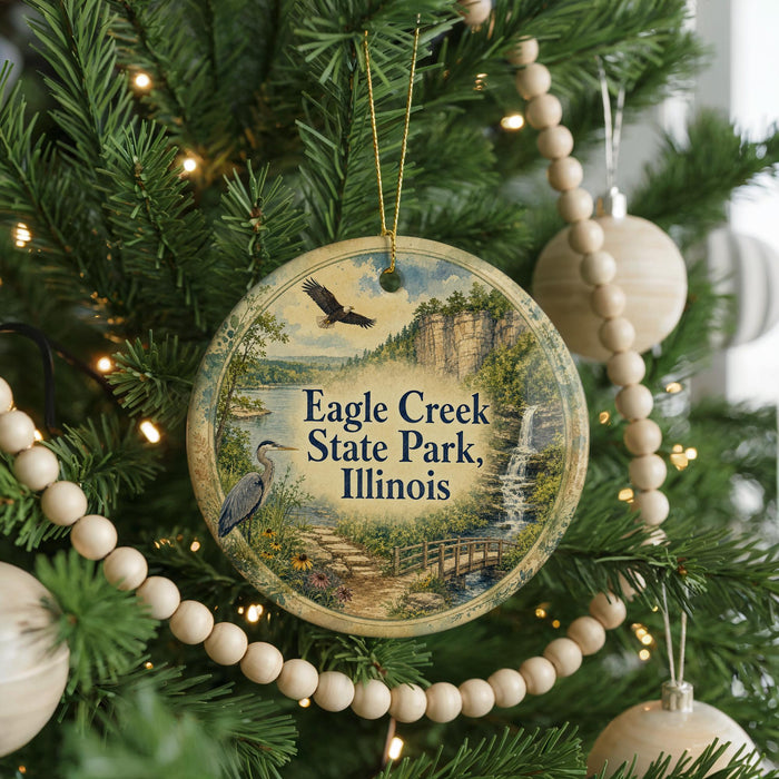 A round ornament hanging on a Christmas tree, featuring an illustration of a bird and a waterfall, with the text "Eagle Creek State Park, Illinois" displayed prominently.