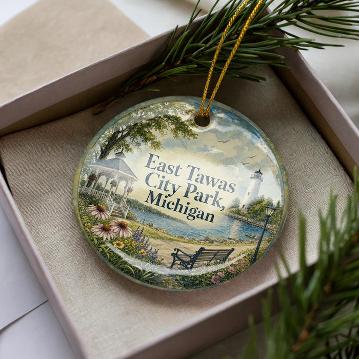 A decorative ornament with a scenic view of East Tawas City Park in Michigan, featuring a gazebo, bench, and flowers.