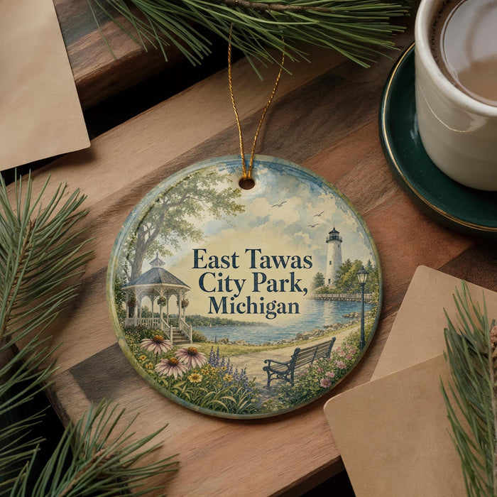 A decorative ornament featuring a scenic view of East Tawas City Park in Michigan, with a gazebo, bench, and flowers in the foreground.