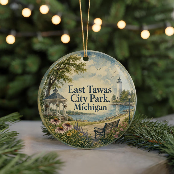 A round ornament with a scenic view of East Tawas City Park, Michigan, featuring a gazebo, bench, and flowers.