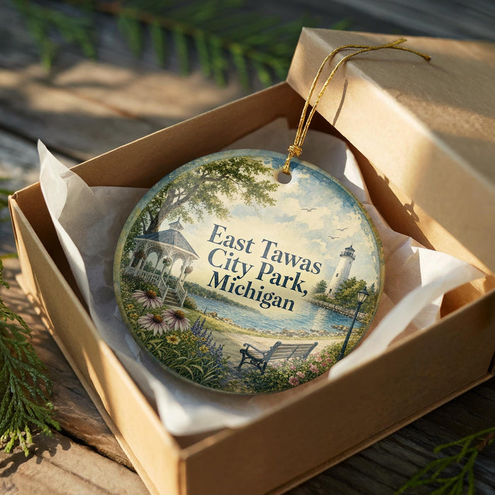 A decorative ornament in a box, featuring a scenic view of East Tawas City Park in Michigan.