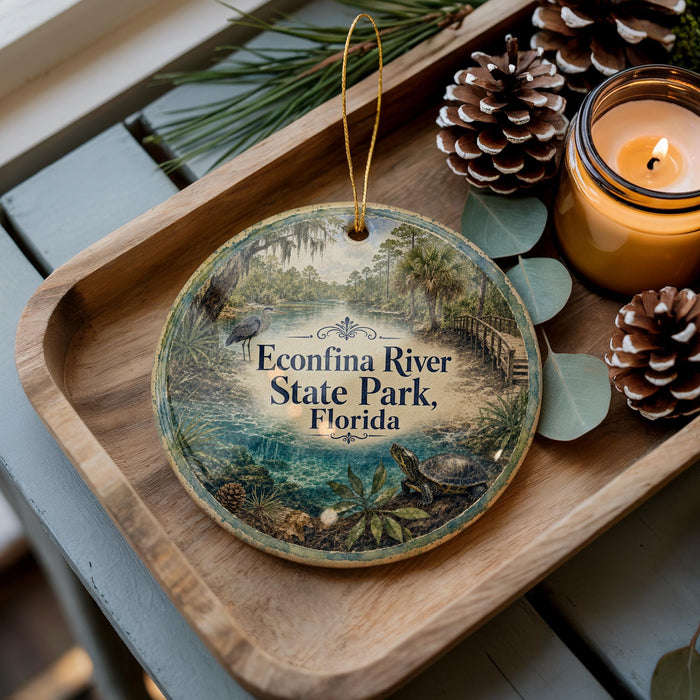 A decorative ornament featuring a scenic image of the Econfina River State Park in Florida, with pine cones and a lit candle on a wooden tray.