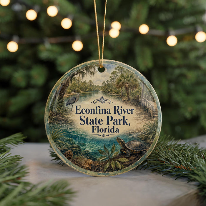 A circular ornament with a scenic image of the Econfina River State Park in Florida, featuring a bird, palm trees, and a winding path.