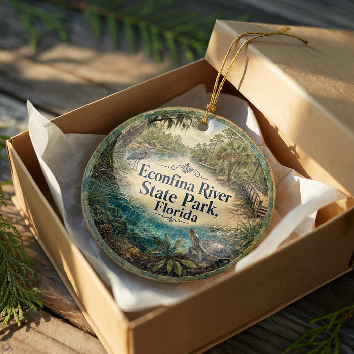 A decorative ornament in a brown box, featuring a scenic image of the Econfina River State Park in Florida.