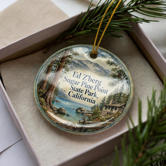 A decorative ornament with a scenic landscape of Ed Zberg Sugar Pine Point State Park, California, featuring pine trees, mountains, and a lake.