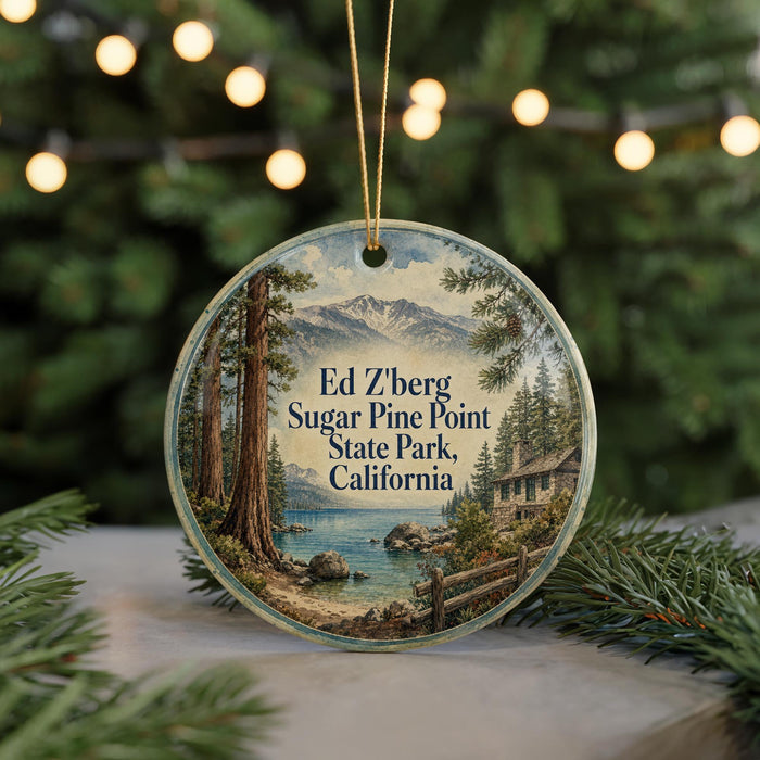 A round ornament featuring a scenic landscape with a lake, mountains, and pine trees, with the text "Ed Zberg Sugar Pine Point State Park, California" displayed prominently.