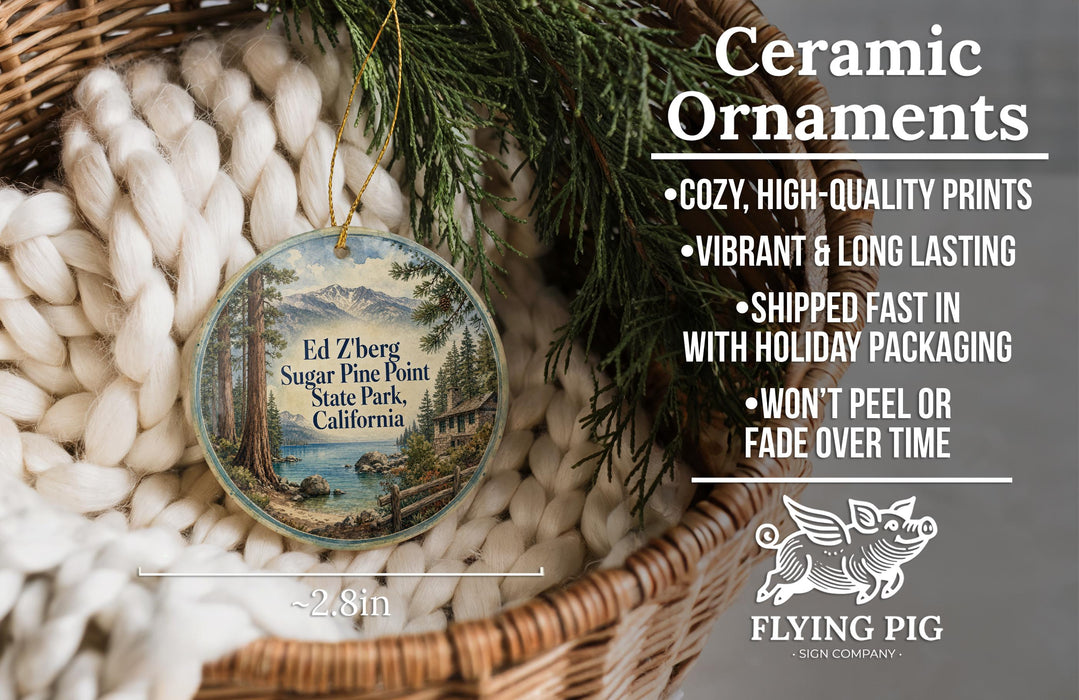 Ceramic ornaments, featuring a scenic image of Sugar Pine Point State Park, California, hanging from a wicker basket.