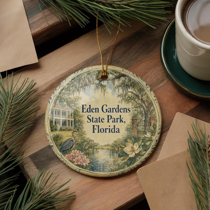 A decorative ornament with a scenic illustration of Eden Gardens State Park, Florida, featuring a house, palm trees, and a body of water.