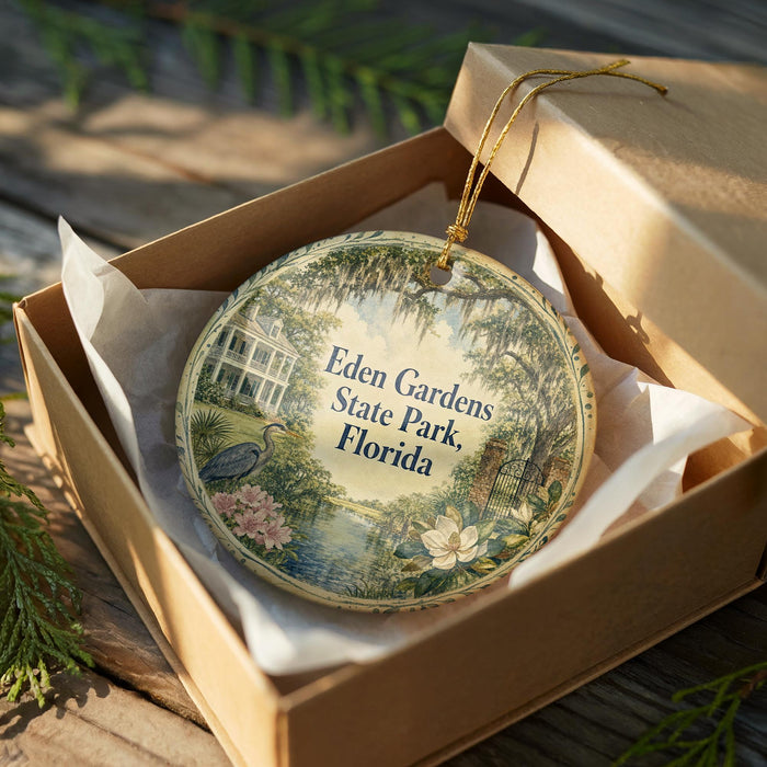 A decorative ornament in a box, featuring a scenic image of Eden Gardens State Park, Florida.