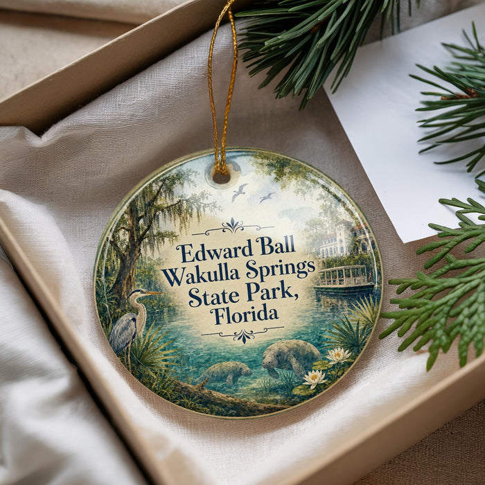 A decorative ornament with a scenic image of Edward Ball Wakulla Springs State Park, Florida, hanging from a string.
