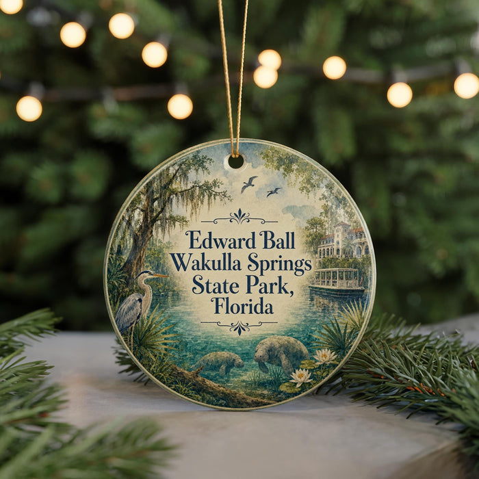 A circular ornament with a painting of a bird and a tree, surrounded by greenery, with the text "Edward Ball Wakulla Springs State Park, Florida" displayed on it.