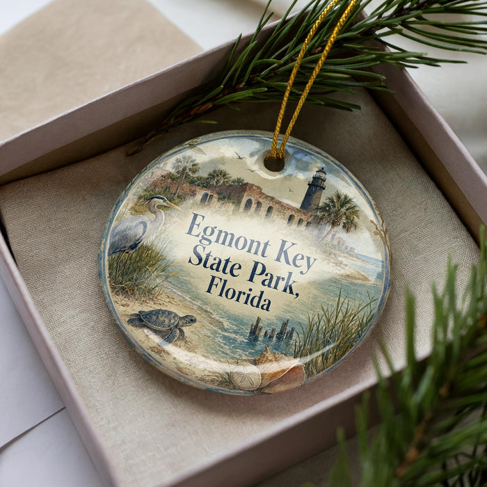 A decorative ornament in a box, featuring a scenic image of Egmont Key State Park in Florida.