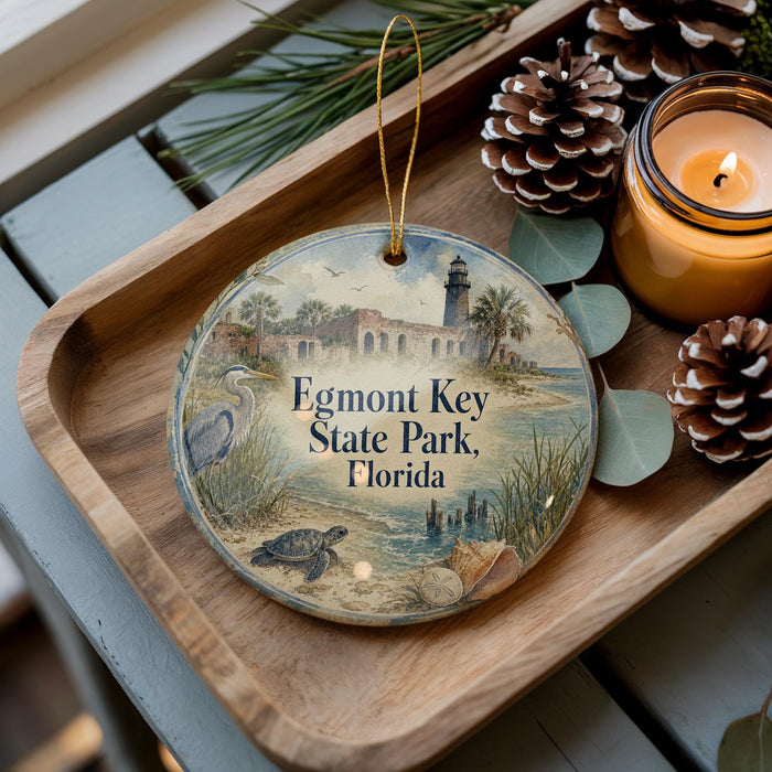 A decorative ornament with a beach scene and a lighthouse, placed on a wooden tray next to a lit candle and pine cones.