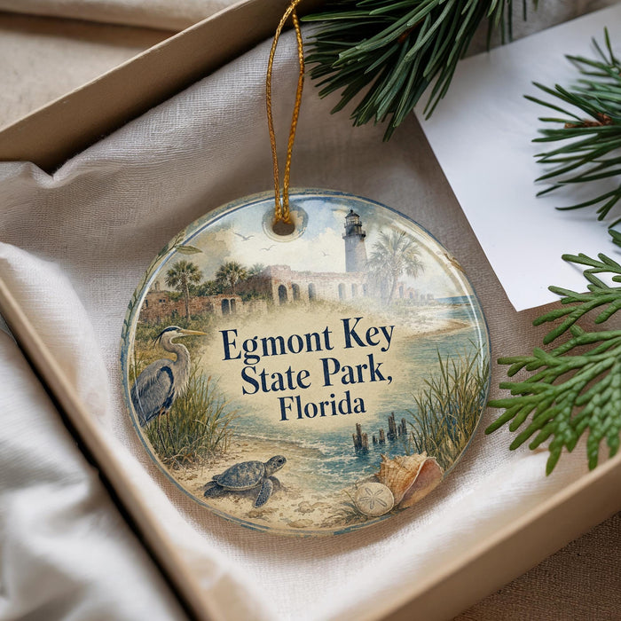 A decorative ornament with a beach scene and a lighthouse, featuring the text "Egmont Key State Park, Florida" on it.