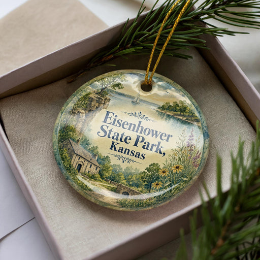 A decorative ornament in a box, featuring a scenic landscape with a house, trees, and a body of water.