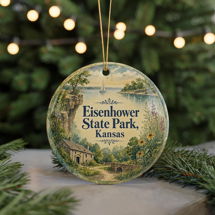 A round ornament with a scenic landscape of Eisenhower State Park, Kansas, featuring a house, trees, and a body of water.