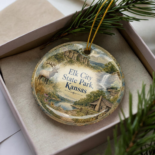 A decorative ornament in a box, featuring a scenic landscape with a deer, a waterfall, and a cabin, along with the text "Elk City State Park, Kansas".