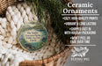 Ceramic ornaments, featuring a detailed illustration of a bird and a landscape, are displayed in a woven basket. The text highlights the ornaments as "Ceramic Ornaments" and mentions their features such as "Cozy, High-quality Prints", "Vibrant & Long Lasting", "Shipped Fast in with Holiday Packaging", and " Won't Peel or Fade Over Time". The image also includes a scale for size comparison and the logo of "Flying Pig - SIGN COMPANY".