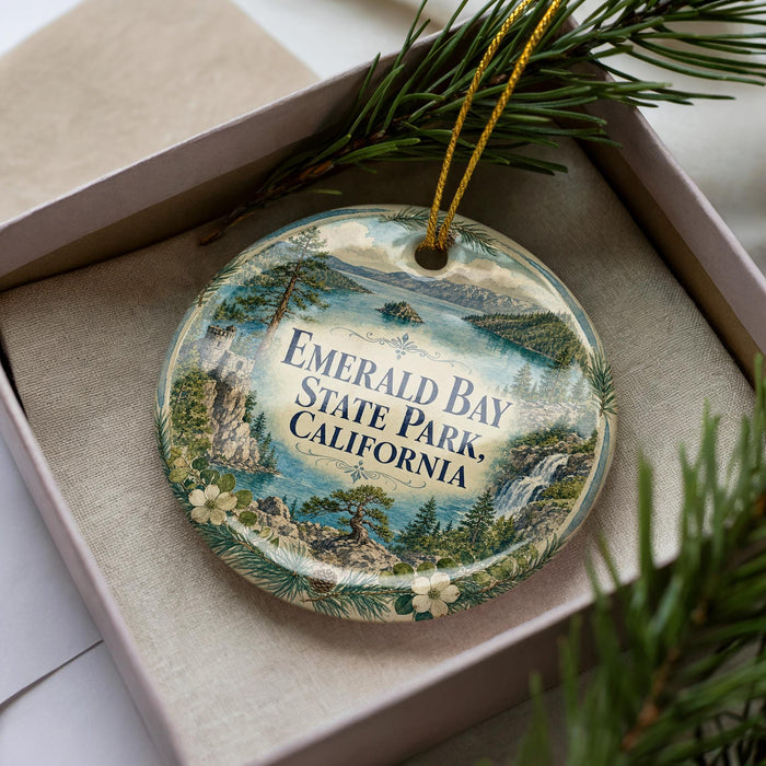 A decorative ornament with a scenic landscape of Emerald Bay State Park, California, featuring a pine tree, water, and mountains.