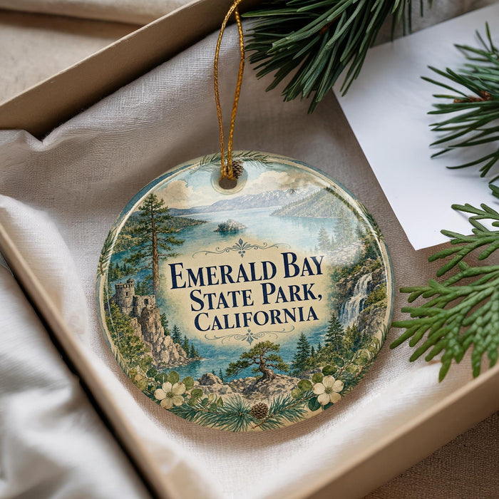 A decorative ornament with the text " Emerald Bay State Park, California" is displayed in a box, surrounded by pine branches and greenery.