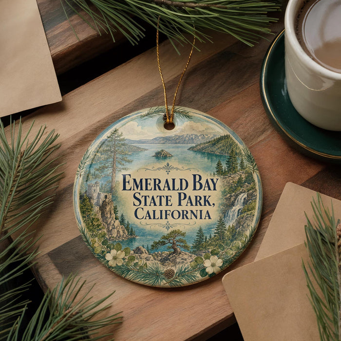 A decorative ornament featuring a scenic landscape of Emerald Bay State Park, California, with pine trees and a waterfall.