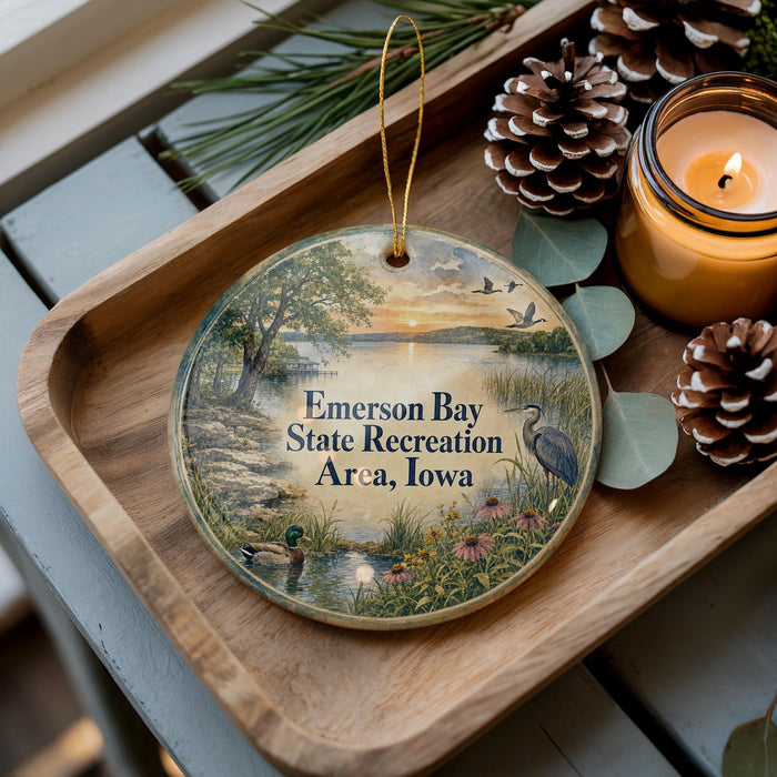 A wooden tray with a decorative ornament featuring a scenic landscape of Emerson Bay State Recreation Area, Iowa, and wildlife.