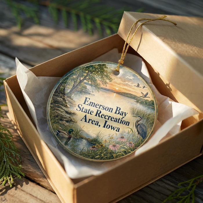 A wooden box containing a decorative ornament with a scenic landscape of Emerson Bay State Recreation Area, Iowa.