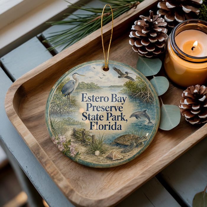 A wooden tray with a decorative ornament featuring a bird, a beaver, and a turtle, along with pine cones and a lit candle, placed on a table.