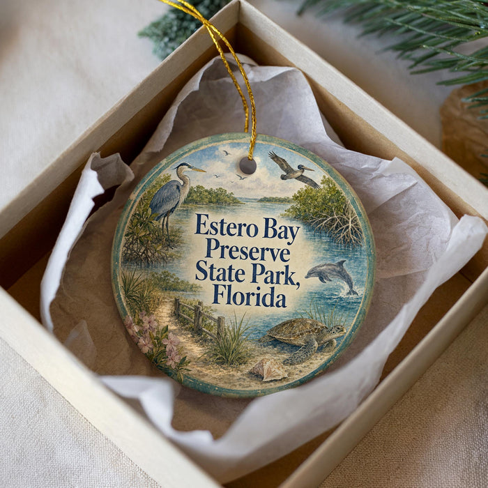A round ornament with a bird and a seal, placed in a box with a white tissue paper lining.