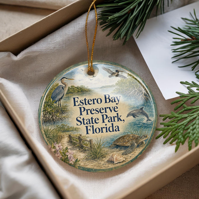 A round ornament with a bird and a seal, surrounded by greenery, is displayed in a box.