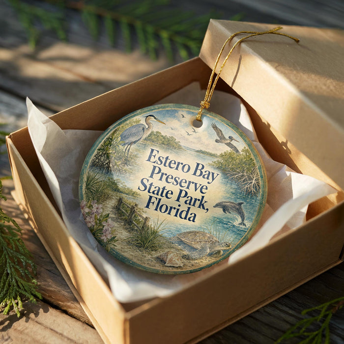 A round ornament in a box, featuring a scenic image of Estero Bay, Florida, with text that reads "Estero Bay Preserve State Park, Florida".