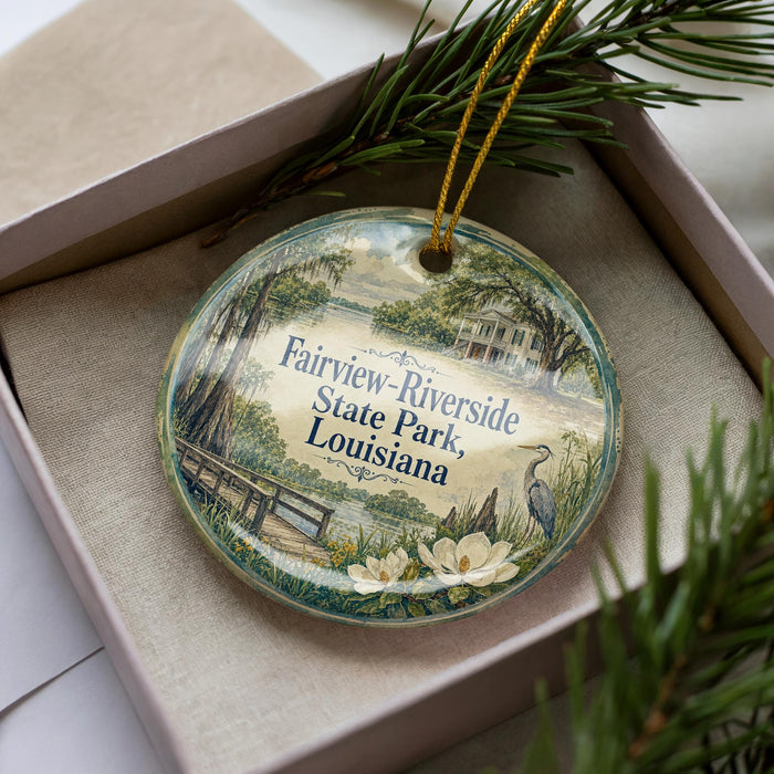 A decorative ornament in a box, featuring a scenic image of Fairview-Riverside State Park in Louisiana.