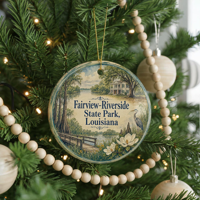 A circular ornament hanging on a Christmas tree, featuring a scenic image of Fairview-Riverside State Park in Louisiana.